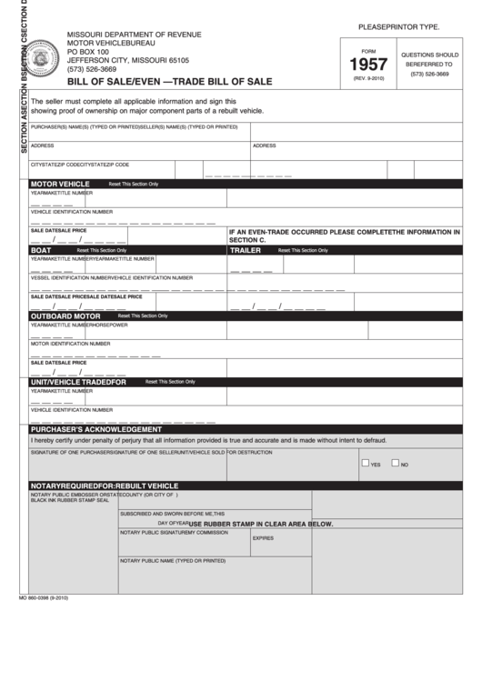 Form 1957 - Bill Of Sale/even - Trade Bill Of Sale Template