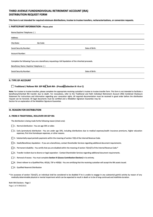 Individual Retirement Account (Ira) Distribution Request Form Printable pdf