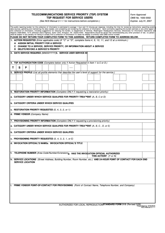 Fillable Standard Form 315 - Telecommunications Service Priority (Tsp) System Tsp Request For Service Users Printable pdf