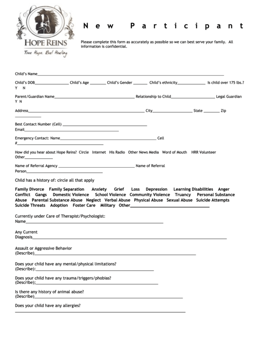 New Participant Information Form Printable pdf