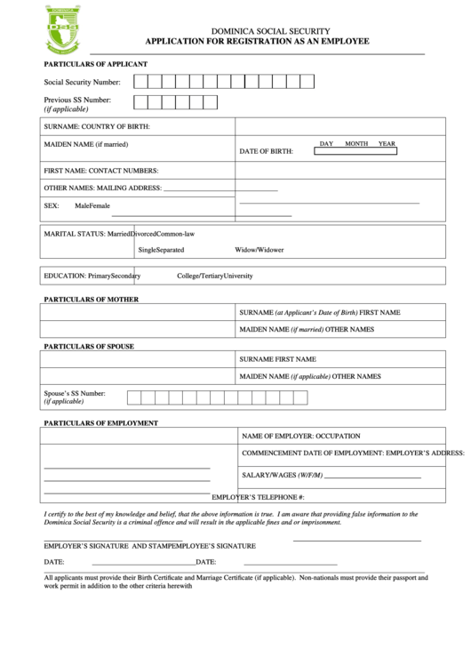 Fillable Application For Registration As An Employee Printable pdf