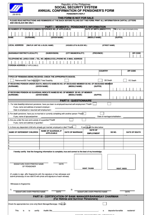 Annual Confirmation Of Pensioner'S Form printable pdf download