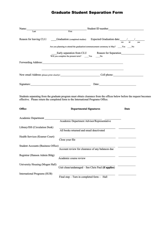 Graduate Student Separation Form Printable pdf