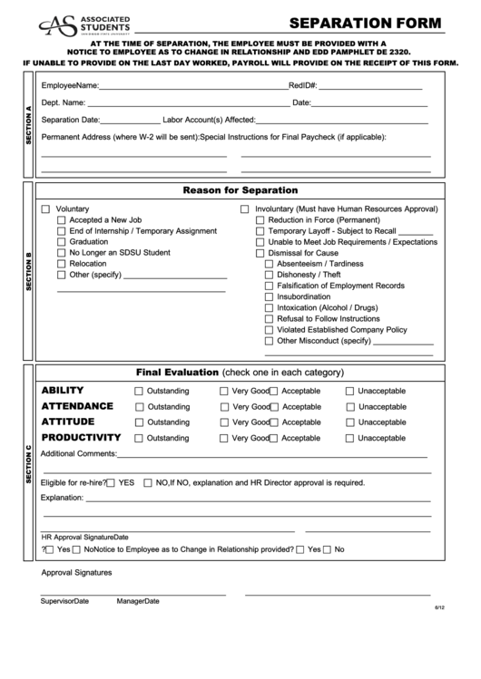 Separation Form Printable pdf