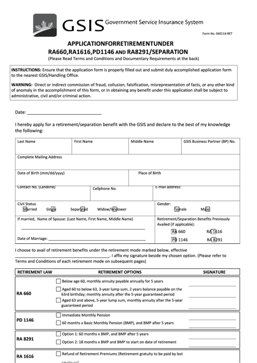 Application For Retirement Under Ra 660, Ra 1616, Pd 1146 And Ra 8291 /separation Printable pdf