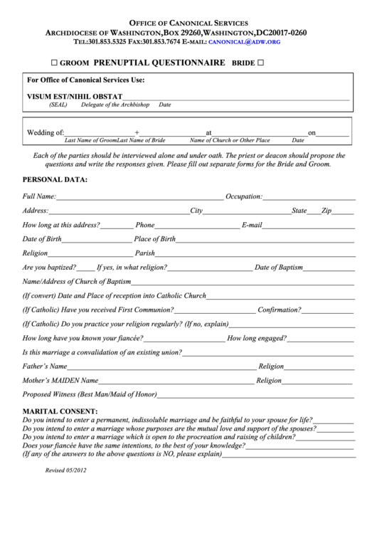 Prenuptial Questionnaire Printable pdf