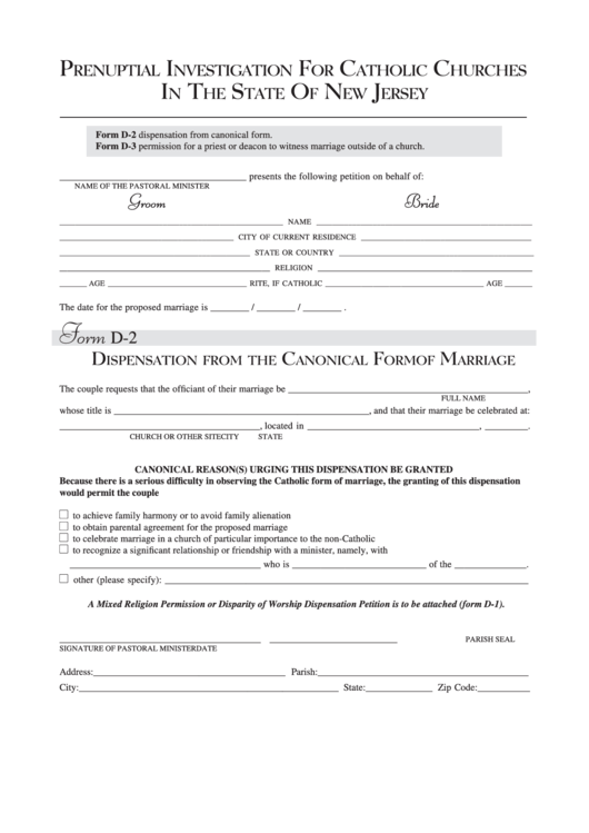 Prenuptial Investigation For Catholic Churches In The State Of New Jersey Printable pdf