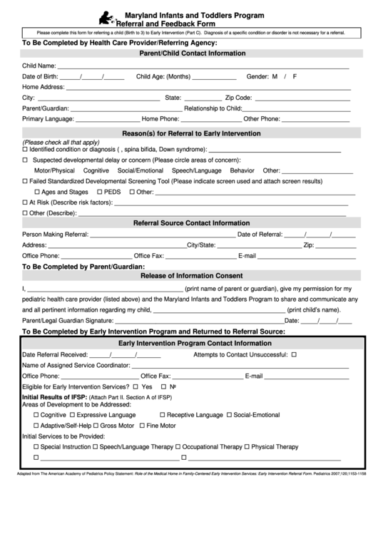 Maryland Infants And Toddlers Program Referral And Feedback Form