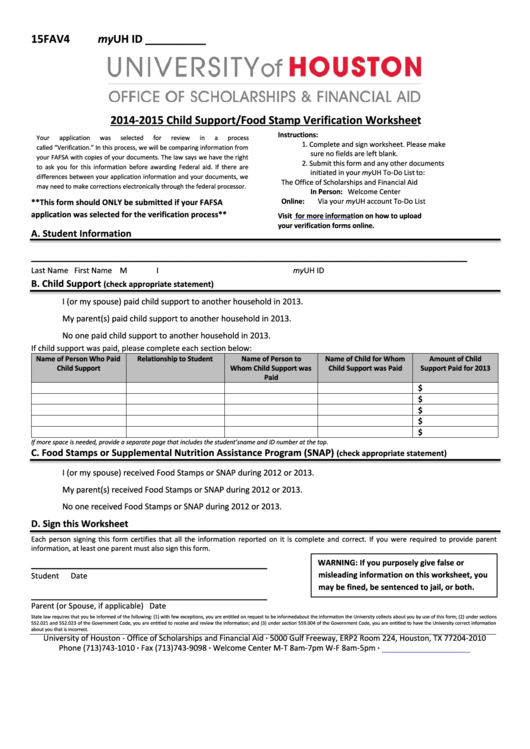 2014-2015 Child Support/food Stamp Verification Worksheet