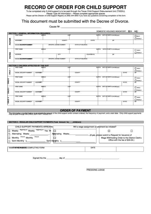 Record Of Order For Child Support Printable pdf