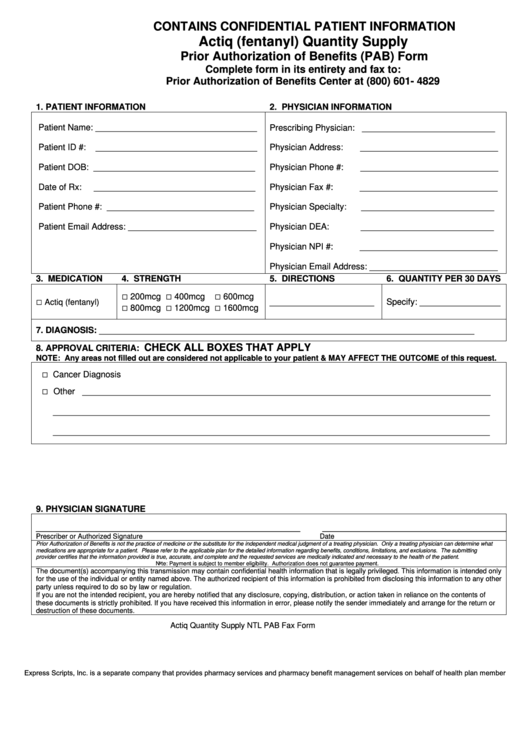 Fillable Actiq (Fentanyl) Quantity Supply Prior Authorization Of Benefits (Pab) Form Printable pdf