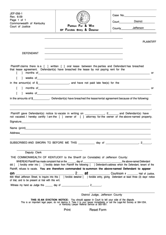 Fillable Form Jef-056-1-Petition For & Writ Of Forcible Entry & Detainer Printable pdf