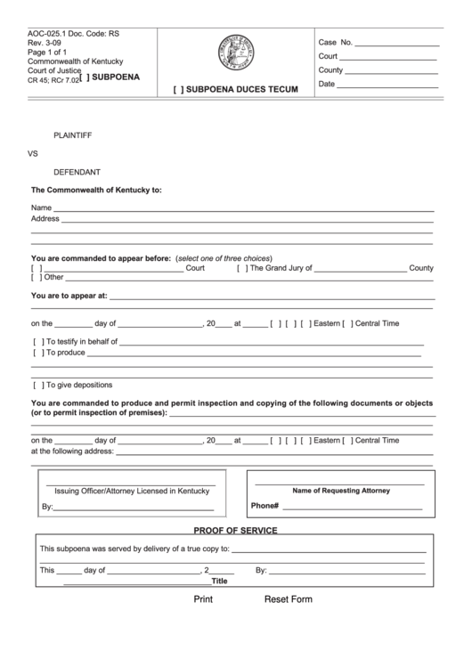 Fillable Form Aoc-025.1-Subpoena Duces Tecum - Civil Form Printable pdf