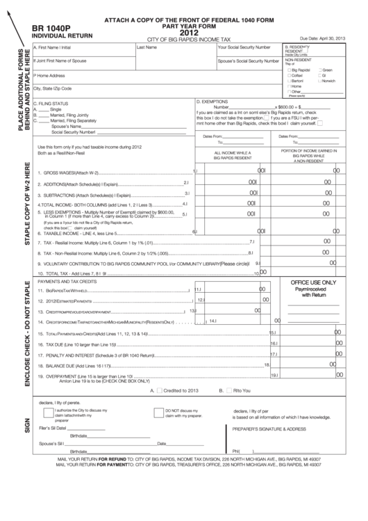 Form Br 1040p - Individual Return - City Of Big Rapids Income Tax - 2012 Printable pdf