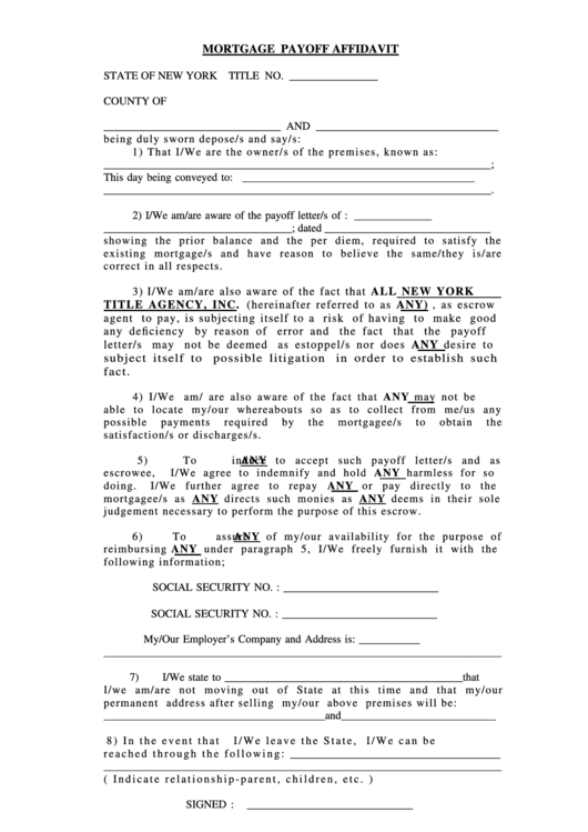 Fillable Mortgage Payoff Affidavit Form Printable pdf