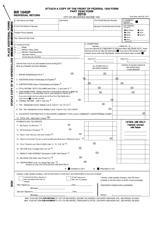 Form Br 1040p - Individual Return - City Of Big Rapids Income Tax - 2010 Printable pdf