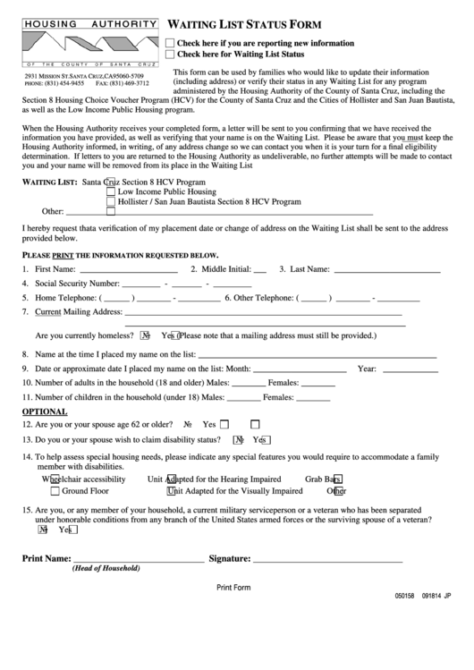 Fillable Waiting List Status - Form Printable pdf