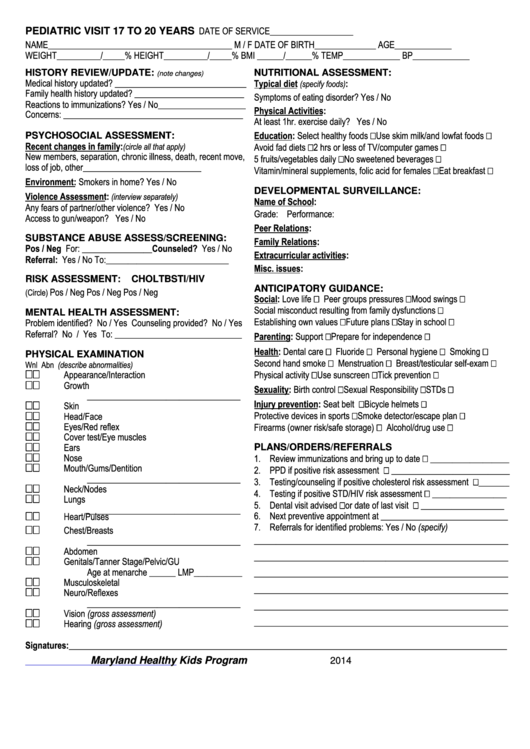 Fillable Pediatric Visit 17 To 20 Years Form Printable pdf