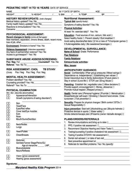 Fillable Pediatric Visit 14 To 16 Years Form Printable pdf