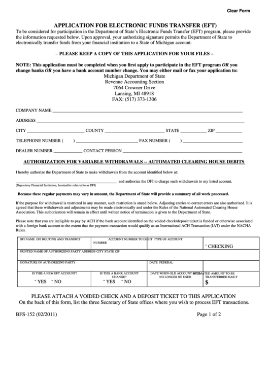 Fillable Form Bfs-152 (02/2011) - Application For Electronic Funds Transfer - Form Printable pdf