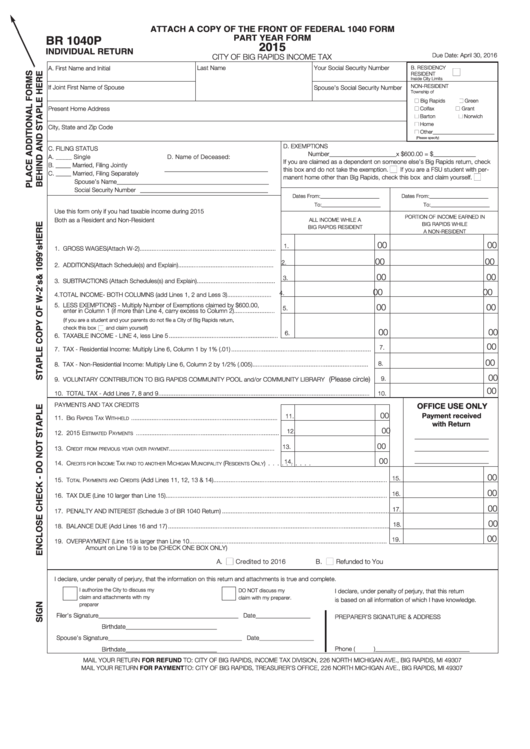 Form Br 1040p - Individual Return - City Of Big Rapids Income Tax - 2015 Printable pdf