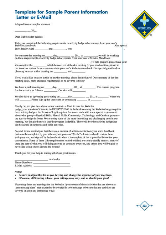 Template For Sample Parent Information Letter Or E-Mail Form Printable pdf