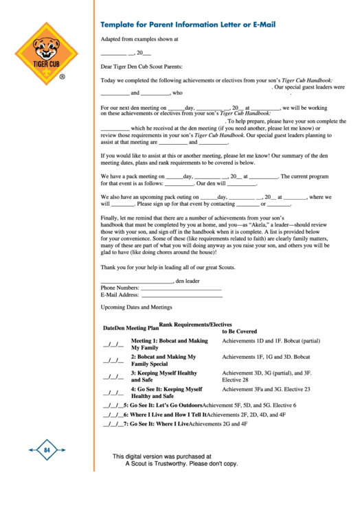 Tiger Cub-Template For Parent Information Letter Or E-Mail Form Printable pdf
