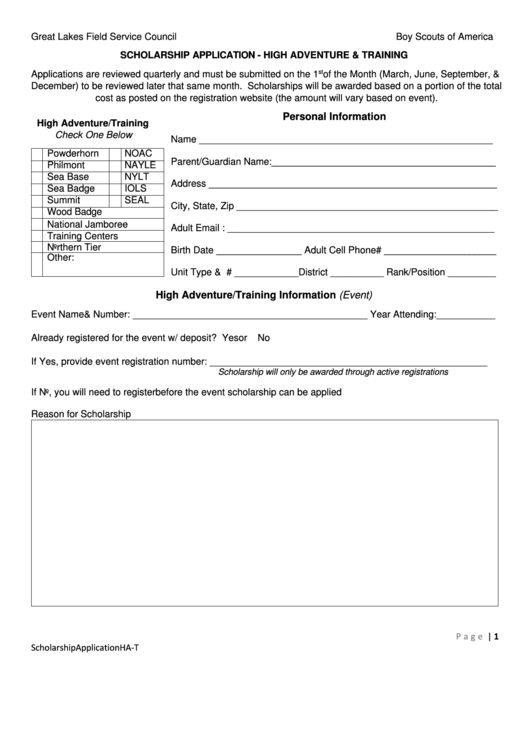 Fillable Scholarship Application-High Adventure & Training Form Printable pdf