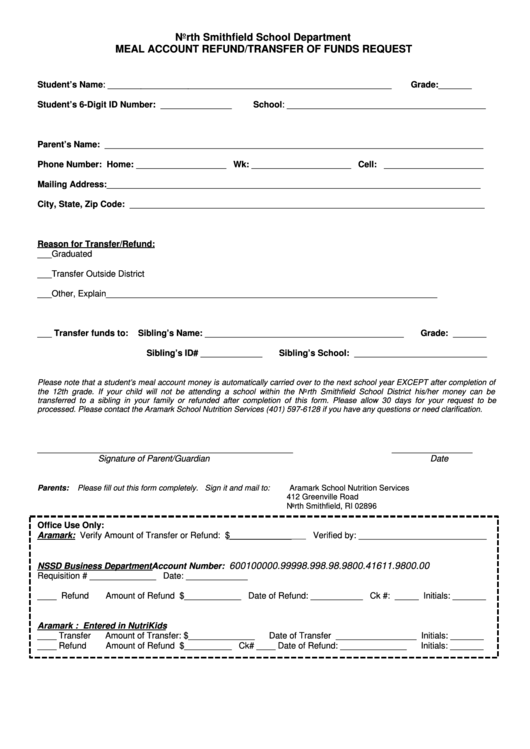 Fillable North Smithfield School Department Meal Account Refund/transfer Of Funds Request Form Printable pdf