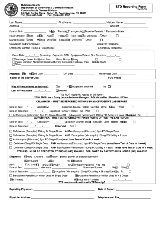 Dutchess County Department Of Health Sexually Transmitted Disease Reporting-Std Reporting Form Printable pdf