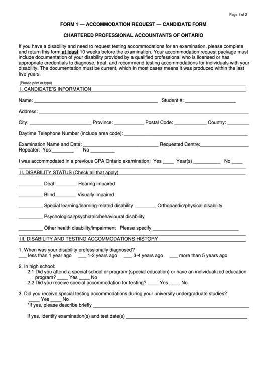 Form 1 - Accommodation Request Candidate Form 1 - Pdf Printable pdf