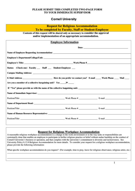 Cornell University Request For Religious Accommodation Form Printable pdf