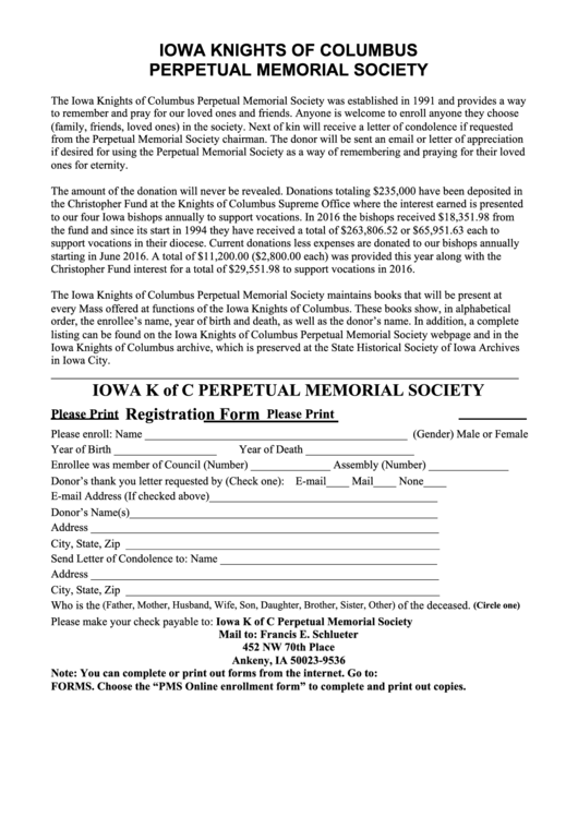 Perpetual Memorial Society Registration Form Printable pdf