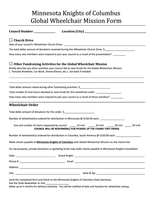 Fillable Minnesota Knights Of Columbus Global Wheelchair Mission Form Printable pdf
