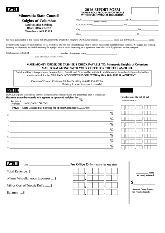 Fillable Tootsie Roll Program For People With Developmental Disabilities Report Form - 2016 Printable pdf