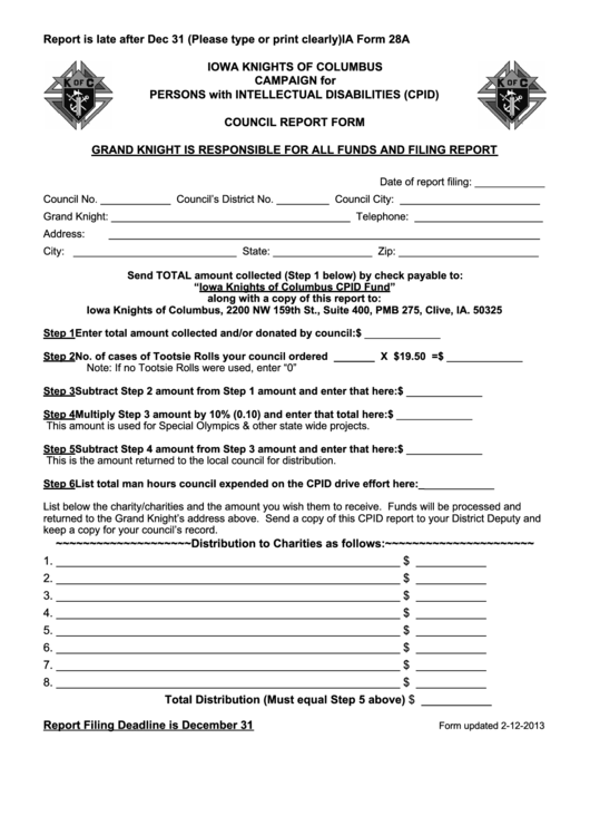 Fillable Ia Form 28a-Grand Knight Is Responsible For All Funds And Filing Report-Council Report Form 2013 Printable pdf