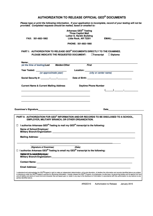 Authorization To Release Official Ged Documents Form 2015 Printable pdf