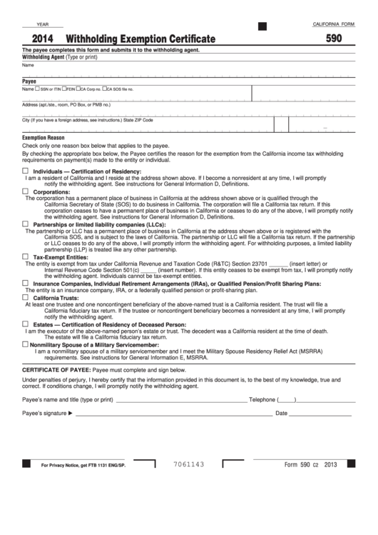 California Form 590 Withholding Exemption Certificate 2014 printable pdf download
