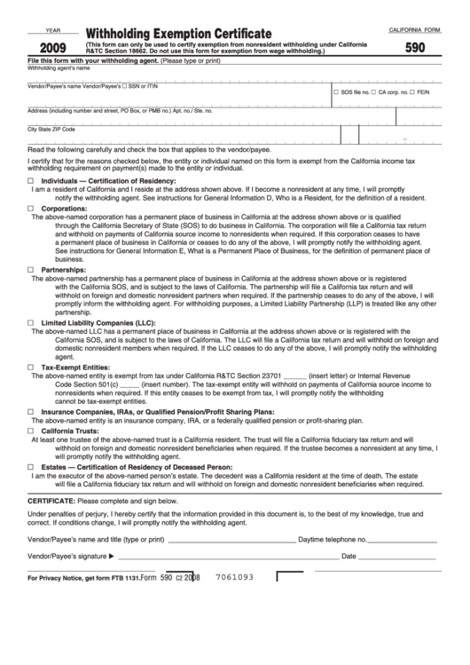 Fillable California Form 590 - Withholding Exemption Certificate - 2009 Printable pdf