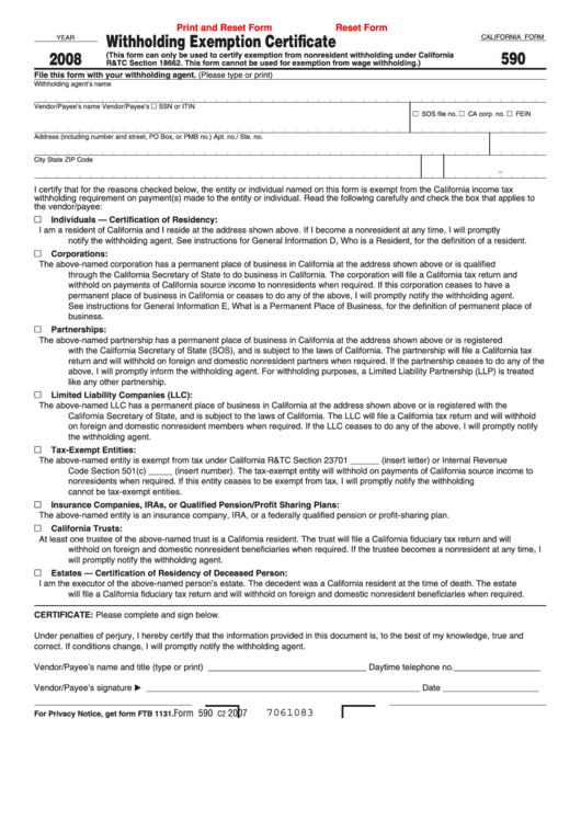 Fillable California Form 590 - Withholding Exemption Certificate - 2008 Printable pdf