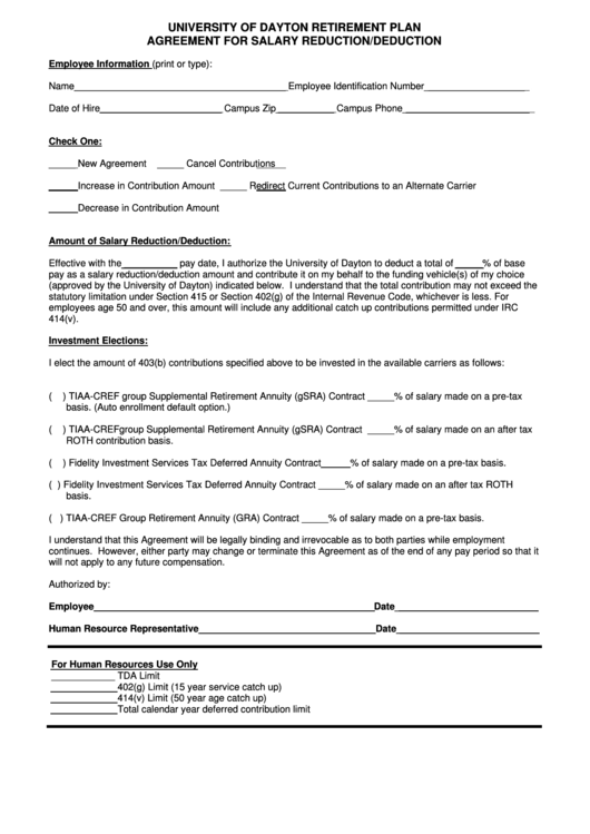 University Of Dayton Retirement Plan Agreement For Salary Reduction/deduction - Form Printable pdf