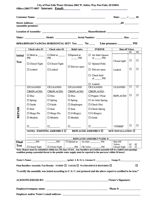 Fillable Backflow Assembly Test Report Form Printable pdf