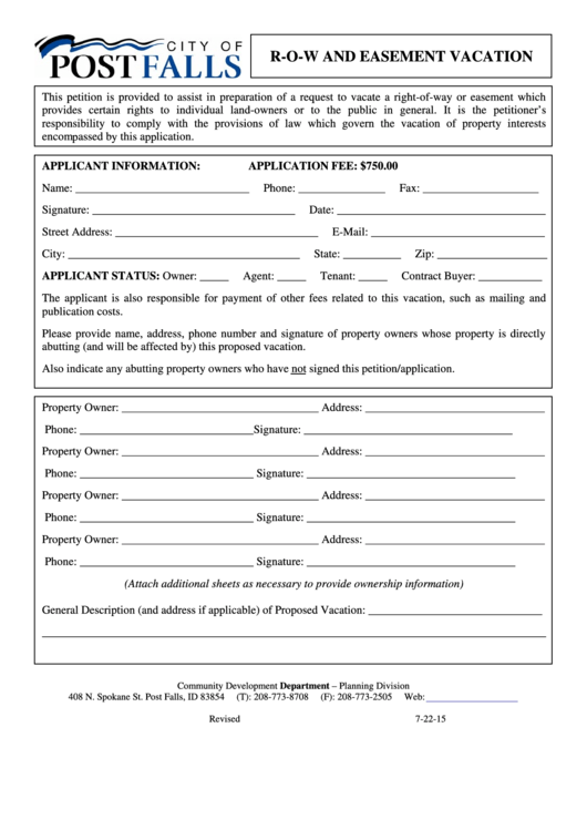 Fillable ROW And Easement Vacation Form printable pdf download