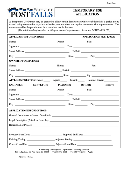 Fillable Temporary Use Application Form Printable pdf