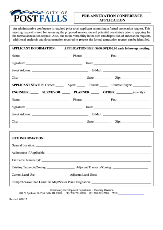 Fillable Pre-Annexation Conference Application Form Printable pdf