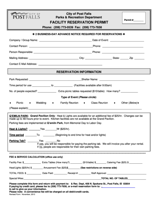 Fillable Facility Reservation Permit Form Printable pdf