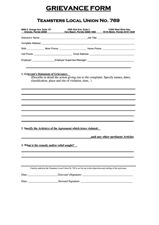 Fillable Grievance Form Printable pdf
