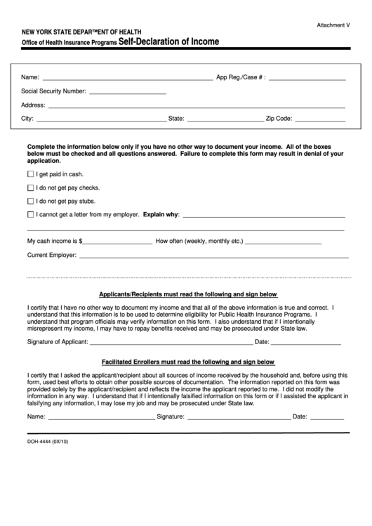 Form Doh-4444 - Self- Declaration Of Income Printable pdf