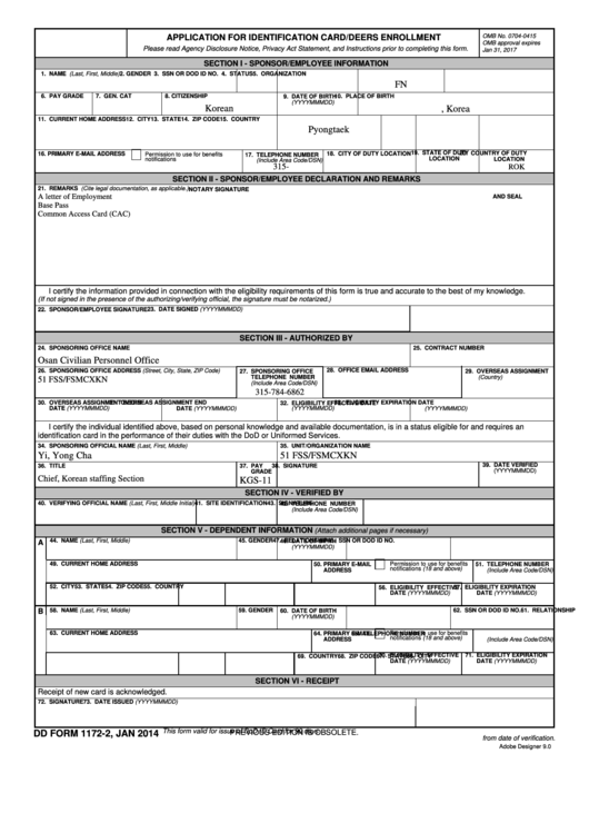 Fillable Form 1172-2 - Application For Identification Card/deers Enrollment Printable pdf