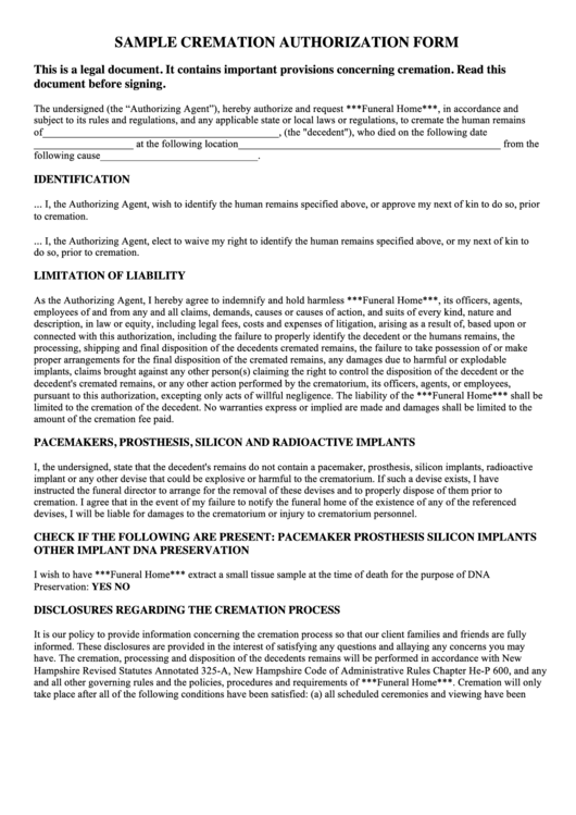 Sample Cremation Authorization Form Printable pdf